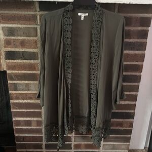 Womens Maurices Solid Cardigan Kimono Green Lace Trim Open Front, Size XS